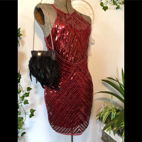 Lulu’s wine red sequin halter neck dress - Picture 2 of 6